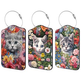 Cute Kitten Luggage Tag for Suitcase 3 Pack Cat and Flower Leather Luggage Tag with Privacy Flap Name ID Label and Metal Loop for Women Men Travel