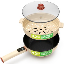 Nutrichef 4L Electric Frying Pan & 4L Steamer | Multifunctional Portable 1000W Non-Stick Pot for Cooking | Durable Heat Safe Handle | Touch Control Panel | Includes a Spatula | White