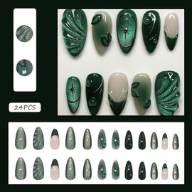 24Pcs Ombre Green Almond Press on Nails French Tip Fake Nails with 3D Water Ripple Green Leaf Design Glitter Full Cover False Nails Artificial Acrylic Nails Press ons Reusable Stick on Nail for Women