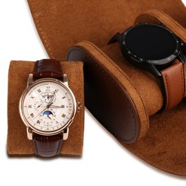 RoYiio 2 Slots Cylindrical Watch Box, Watch Roll Travel Bag, Vintage Watch Case for Men Women - Brown Upgrade Version