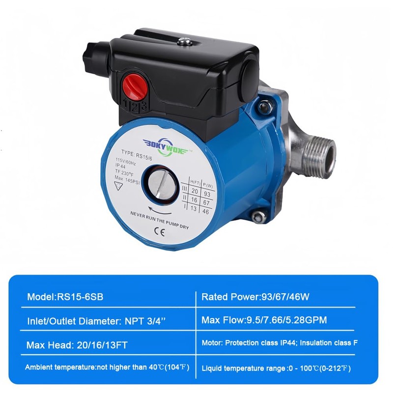 BOKYWOX 3-Speed Hot Water Circulation Pump NPT 3/4'' Recirculating Circulating