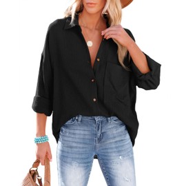 NONSAR Blouse Women's Casual Shirt with V-Neck 100% Cotton Loose Fit Solid Thick Top Elegant with Pocket, black