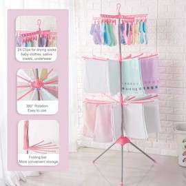 Hershii Foldable Clothes Drying Rack Standing Garment Hanger 3-Tier with 24 Clips and 32 Towels Bars Space Saver for Baby Socks, Saliva Towels, Bibs, Underwear, Gloves, Scarves, Diapers - Pink