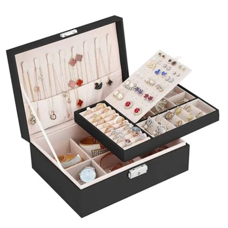 Jewelry Box Large Capacity Double Layer Black Jewelry Storage Case