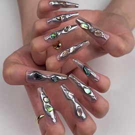 Cyber Press on Nails Long Coffin Sliver Metal Fake Nails Pink Full Cover Gemstone False Nails with Designs 3D Glossy Glue on Nails Cool Acrylic Nails Manicure Artificial Nails for Women Girls 24Pcs
