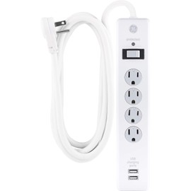 GE Surge Protector, 4 Outlets 2 USB Ports, Extra Long 8ft. Power Cord, White, 25798