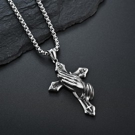 BaBakiak Praying Hands Cross Necklace, Serenity Prayer Pendant, Christian Cross Jewelry Gift for Men Women