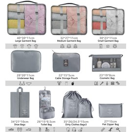 SaiXuan 12-Piece Suitcase Organiser Set, Clothes Bags, Packing Cubes with Cosmetic Bag, Shoe Bag, Packing Cubes Set, Suitcase Organiser, Packing Bags Set for Holidays and Travel (Grey)