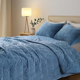 KASENTEX Luxurious Velvet Quilt Set, 3-Piece Stitch Bedding with Ultra Soft Lightweight Bedding Sets and 2 Pillow Shams, Oversized Bedspread Coverlet for All Season, Queen Size, 90x90 in, Navy Blue