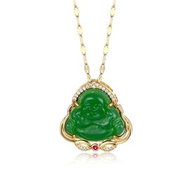 Laughing Buddha Pendant Necklace 18k Gold Plated Jade Smiling Buddha Chain Bling Necklace Dainty Gemstone Lucky Amule Amulet Jewelry for Women Men-A Green