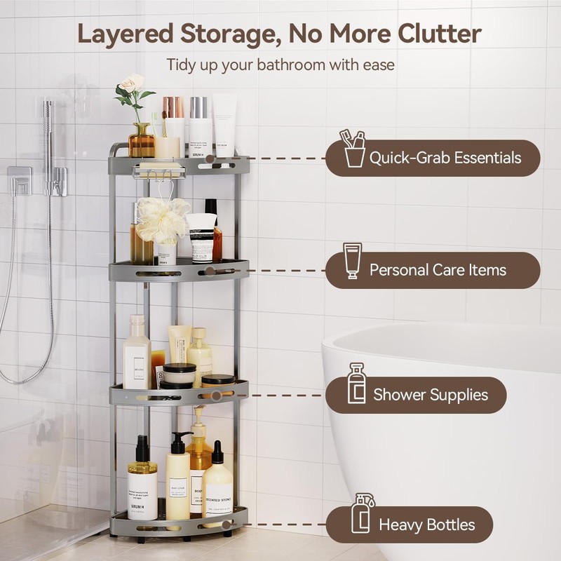 Binecer Corner Shower Caddy Stand, 4 Tier Standing Shower Organizer