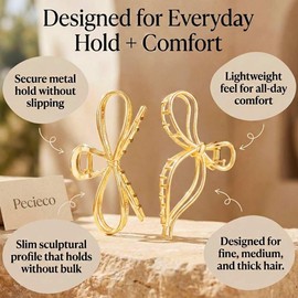 Pecieco Gold Bow Hair Claw Clips Fancy Large Metal Hair Clips Minimalist Big Claw Clips Accessories for Women (2 Pack)