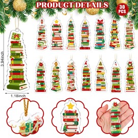 Tenare 30 Pcs Book Christmas Tree Ornament Acrylic Bookworm Christmas Decorations Bookshelf Xmas Ornaments Gift for Lover Reading Teacher Library Assistant Decor