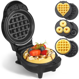UVFAST UVFAST Mini Waffles Maker with 6 Removable Plates, 3 in 1 Small Waffle Maker Mini- Waffle, Heart Waffle, Donut, 4.5" Non Stick Waffle Iron for Kids and Families, Black