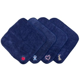 Imabari Towel x Smilish Navy Mini Towel Handkerchief Boys Set of 4, Includes Name Space (Apple, Blue Bear, Flower Heart, Rabbit), Velour Like Smooth Material