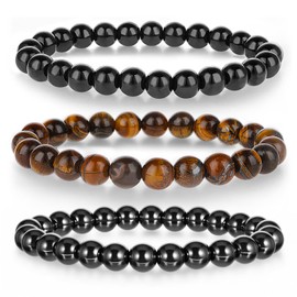 Mabor 3Pcs Beaded Bracelets for Men – 8mm Beads Stretch Elastic Spiritual Bracelets Jewelry Gift for Men Women Black Obsidian, Hematite, Tiger Eye Stone