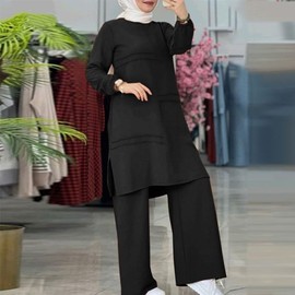 Abaya Kaftans for Women Modern Elegant Dubai Caftan Arabic Party Wear Beach Kaftan Dress Top Wide Leg Pants Prayer Clothes for Muslim Women Muslim Clothes Eid Ramadan Outfit Black cc S