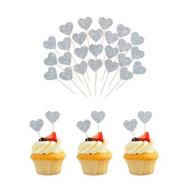Wolpark 60pcs Heart Cupcake Toppers Glitter Silver Engagement Wedding Cupcake Picks for Bridal Shower Anniversary Graduation Birthday Party Supplies