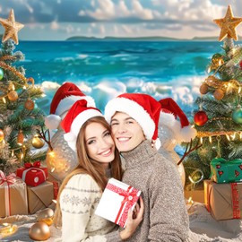 DASHAN 10x8ft Christmas in July Backdrop - Extra Large Tropical Beach Christmas Banner Summer Christmas Trees Snowman Ocean Photography Background for Holiday Party Decorations Photo Prop
