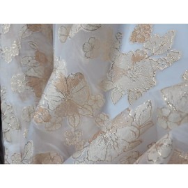 Divas Textiles Fabric by The Yard Champagne Gold Brocade Floral Textured White Organza Bridal