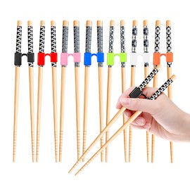 EAEDMY 7 Pairs Training Kid Adult Chopsticks and Trainers for Beginners, Japanese Wooden Beginners Training Chopsticks Helpers Set, Reusable, Dishwasher Safe, L8.86Inch (1.Japanese pattern A)