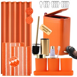Orange and Gold Bathroom Accessories Set 9 PCS, Bathroom Sets with Stainless Steel Trash Can,Toilet Brush and Plastic Toothbrush Set,Soap Dispenser and Shower Curtain, 2PCS Rugs for Bath Decor