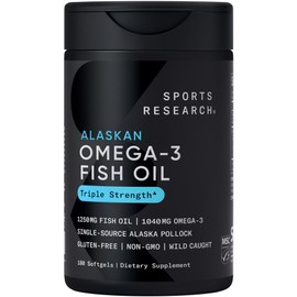 Sports Research® Omega-3 Fish Oil 1250 - Triple Strength Fish Oil Supplement from Wild Alaska Pollock - MSC Certified Sustainable · Non-GMO · Soy Free - 180 Softgel Capsules