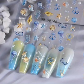5D Embossed Marine Life Nail Art Stickers Self Adhesive Seashell Starfish Decals Sea Creature Designs Summer Nail Stickers Ocean Manicure Sliders for Women DIY Decorations