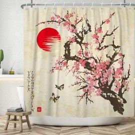 ASDCXZ Cherry Blossom Shower Curtain 180 x 180 cm, Asia Japanese Style Rose Cherry Blossom Sun Butterfly Washable Bathroom Shower Curtains Polyester Textile Waterproof Shower Curtain for Bath with 12