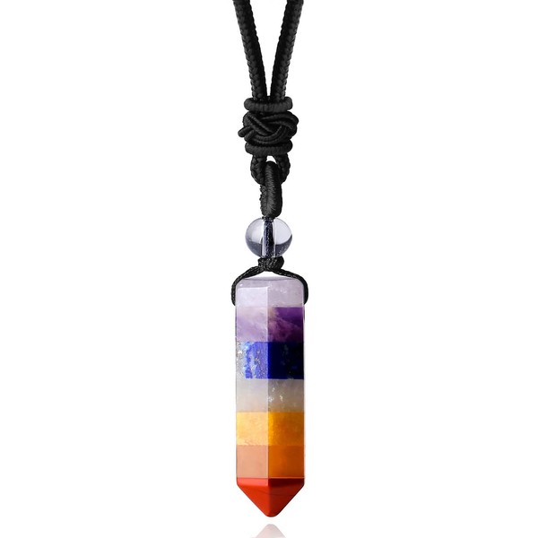 XIANNVXI 7 Chakra Healing Crystals Necklace Natural Crystal Stone Point Hexagonal Pendant Necklaces Gemstones Adjustable Rope Reiki Balancing Jewelry for Men Women Fathers Day Gifts