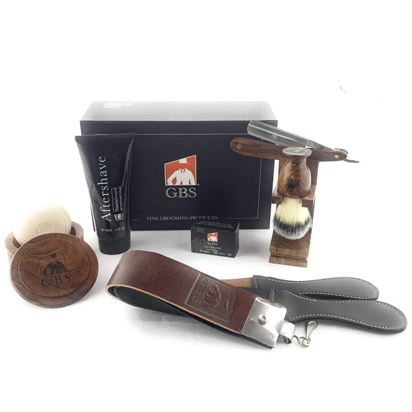 G.B.S Shaving Kit Box Includes- Carbon Steel Razor, 21" Leather Strop, Wooden Soap bowl with Vegan shaving Brush + Stand, Natural Glycerin Shave Soap, Aftershave Gel, and Alum Block
