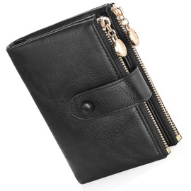 BAYITIONE Small Wallets for Women Leather RFID Blocking Bifold Double Zipper Pockets Wallet Card Case Purse with 2 ID Windows