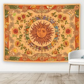 Miytal Yellow Sun and Moon Boho Tapestry Vintage Indie Tapestry Wall Hanging Aesthetic Sunflowers Butterfly Wall Tapestries for Bedroom Dorm Living Room - 70" x 90"