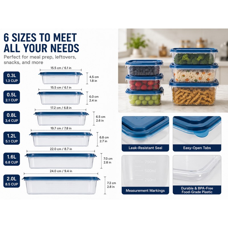 6-Piece Transparent Stackable Food Storage Containers with Blue Measurement Markings