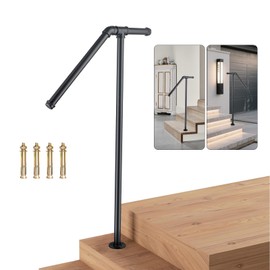Single Post Handrail for Outdoor Steps - 41" Height Black Powder Coated Steel, DIY Tool Kit Included, Fits 1 or 2 Steps, Easy Installation & Corrosion Resistant