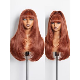 GORGIUS Straight Layered Wigs with Bangs Glueless Ginger Orange Wig 22 Inch Put On Go Wigs Crafted with Style-Archive Premium Fiber Natural Pre-Plucked Hairline