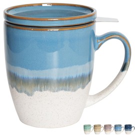 Bosmarlin Ceramic Tea Cup with Infuser and Lid, 16 Oz, 5 Colors to Choose, Dishwasher and Microwave Safe, Reactive Glaze, Steeping Tea Mug with Strainer (Blue)