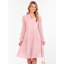 ANRABESS Womens Long Sleeve V Neck MIdi Dresses Hollow Out Eyelet Casual Flowy Tiered 2025 Fall Beach Vacation Boho Dress Pink X-Large