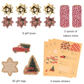 RUSPEPA Christmas Wrapping Paper Set - 4 Rolls of Kraft Wrapping Paper (30 Inches x 10 Feet Per Roll) with 8 Gift Bows, 1 Spools of Bakers Twine, Jute String, 30 Stickers and 30 Gift Tags - Red