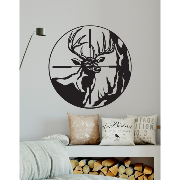 Deer Hunting Wall Decal. Scope View Aiming at Deer by Hunter. Bullseye Aiming in a Safari, Great Country Trophy Decor. 21in X 21in. Black Color. #GFoster105s