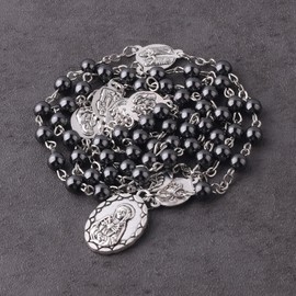 Loumu Seven Sorrows of Mary Rosary Chaplet with Wooden Beads Hematite Beads Glass Pearl Beads Crystal Beads Catholic Rosary Necklace for Women and Men Catholic Gift (black, Hematite Beads)