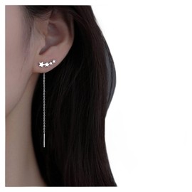 Allereya Vintage Star Threader Earrings Crystal Star Ear Climber Earrings Long Chain Earrings Silver Bar Dangle Earrings Jewelry for Women and Girls (Silver)
