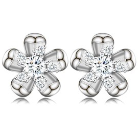 MASOP Stud Earrings Flower Zirconia White Earrings Stud with AAA Zirconia 10 mm Women Girls, Cubic Zirconia