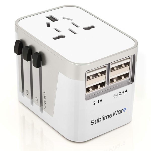 Power Plug Adapter (White) - 4 USB Ports Wall Charger - Fast Charging Adapter for 150 Countries - Multi Port Electric Plug - Type C Type A Type G Type I f for Uk Japan China Eu European By SublimeWare