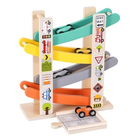 Car Ramp Toys for One Year Old Boy, Toddler Montessori Toys, Wooden Car Tracks for Toddlers 1-3, Race Cars Ramp Track with 4 Mini Cars & Parking Lots, 1st Birthday Gifts Boy