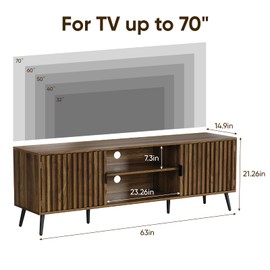 Smart FENDEE 63" Walnut Fluted TV Stand with 2 Cabinets and Adjustable Shelf, Media Console Fits 30" to 70" TV for Living Room, Mid Century Modern Entertainment Center for Bedroom