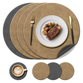 YUNJUER 4 Round Leather Place Mats(38cm) + 4 Coasters(10cm) Set, Heat-Resistant 212°F Placemats, Non-Slip ＆ Washable, Dual-Sided Kitchen Accessories for Home, Hotel, Outdoor Dining Table, (Beige/Grey)