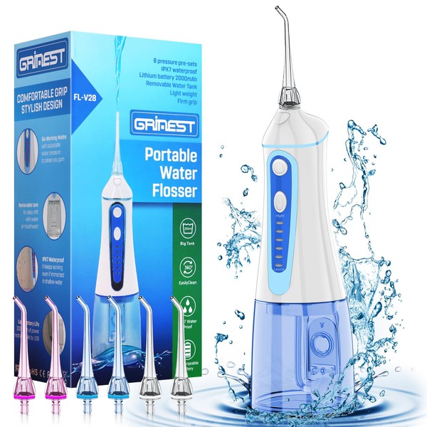 Púa dental de agua para dientes, 7 modos más grinest recargable, para limpieza de dientes, irrigador oral inalámbrico, portátil, IPX7, impermeable, para viajes en casa, color blanco