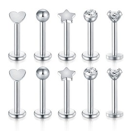 Funseedrr 5 Pairs of Stainless Steel Piercing Studs, 16G, 8 mm, Heart, Star Shaped, Lip, Labret, Tragus Helix Piercings, Silver Jewellery, Stainless Steel, Without Stone