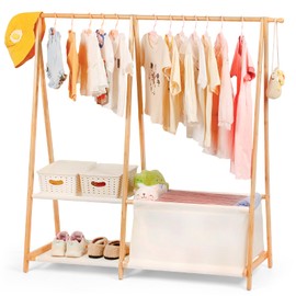 Relquorax Bamboo Kids Clothing Rack with 2 storage shelf, Child Dress Up Rack, Small Organizer Garment Rack with storage bag, for Costumes and Accessories